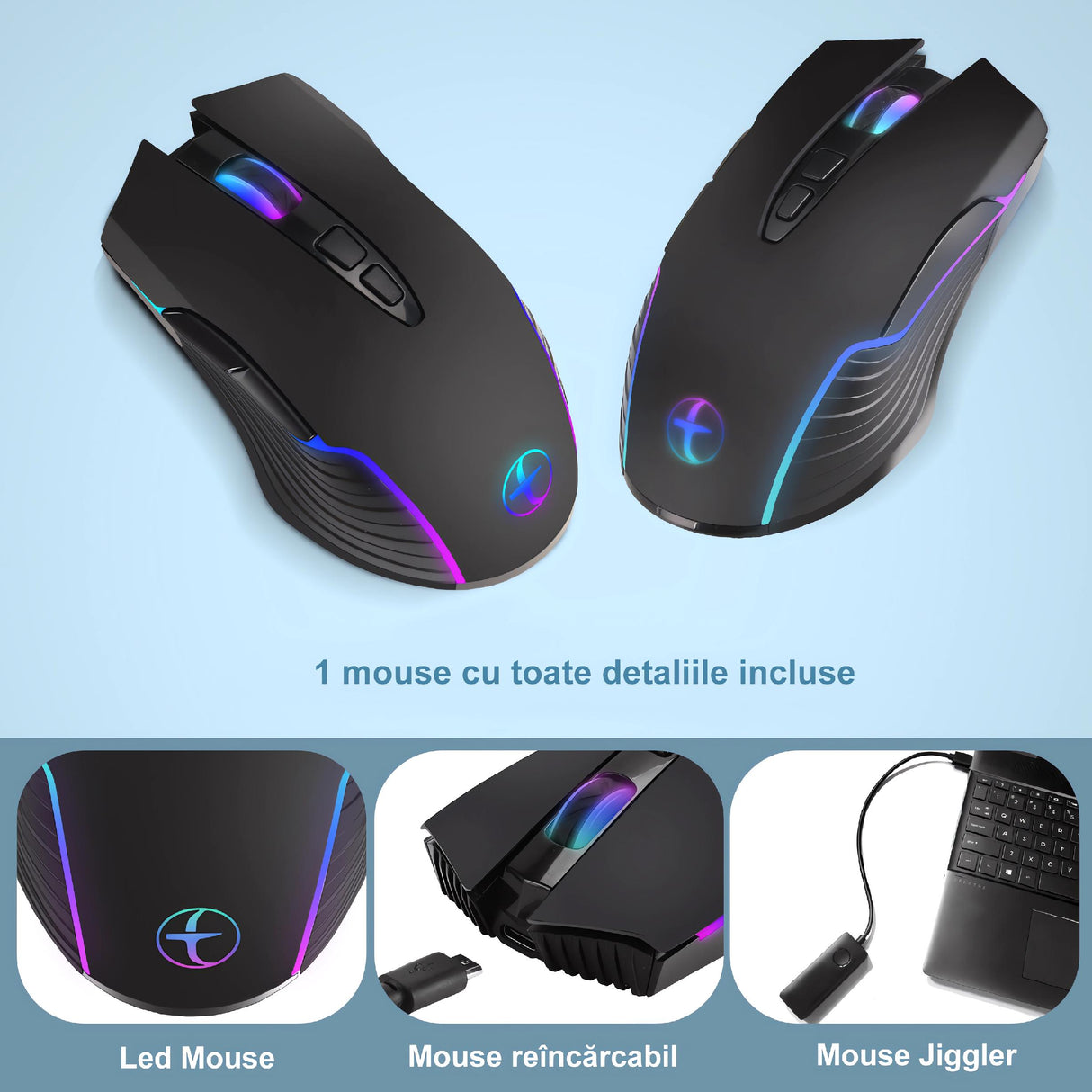 Bervolo® Office Mouse Jiggler, Simulates Cursor Movement, Undetectable, RGB, Plug & Play, Black