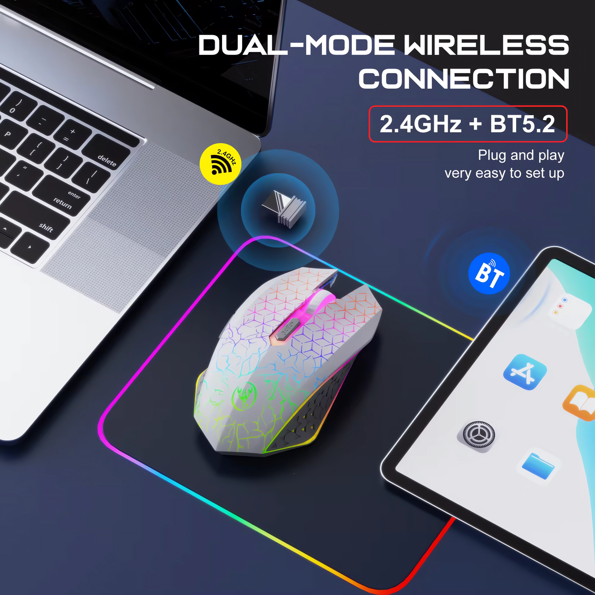 Bervolo® Spider Vezeték Nélküli Gamer Egér, Dual Mód Bluetooth 5.2 & 2.4GHz, RGB, 6 Halk Gomb, 1600 DPI, Type-C Újratölthető, Kompatibilis Windows, MacOS, Linux, Ergonomikus, Fehér