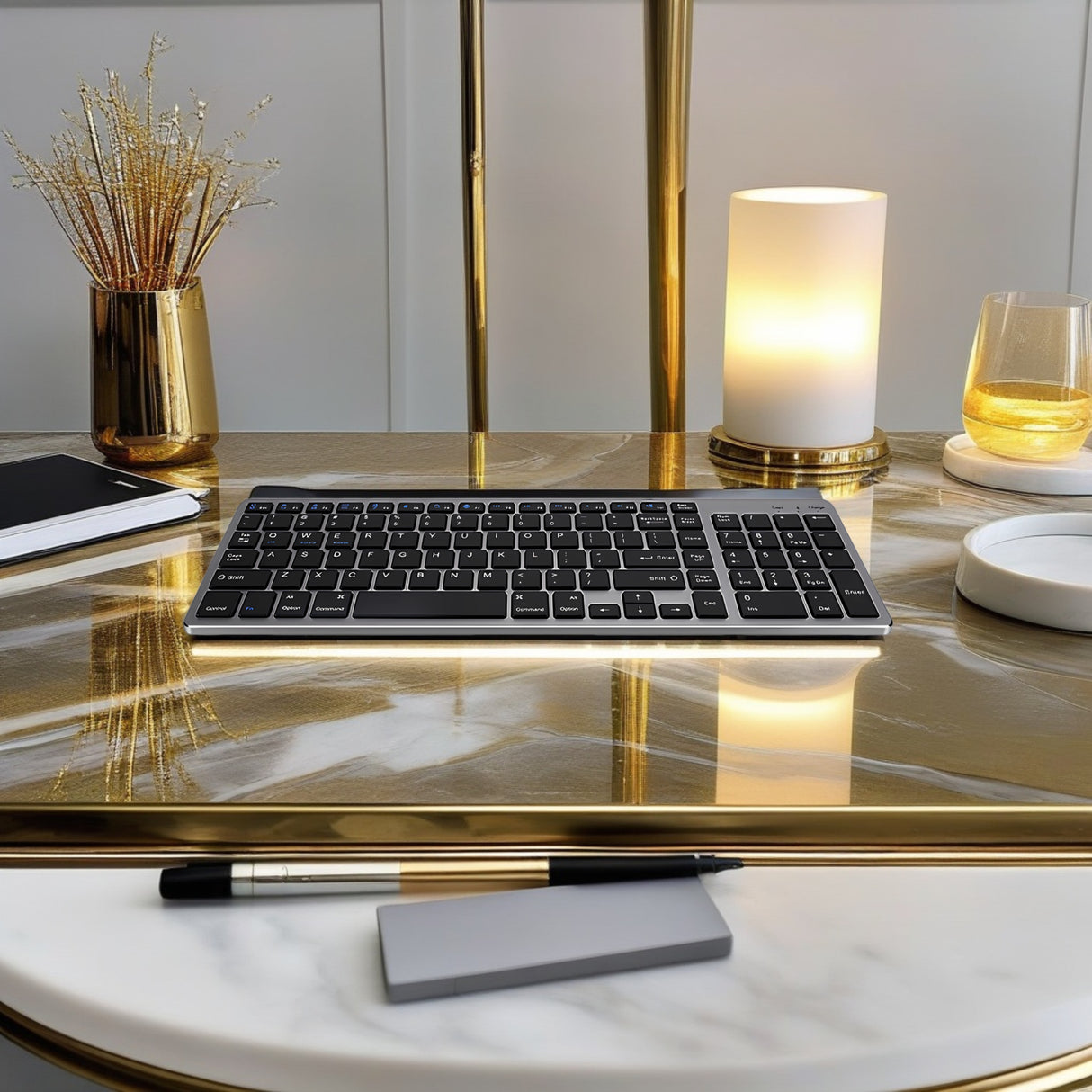 Bervolo® Újratölthető Bluetooth Billentyűzet – Scissor Switch, Multimédiás Billentyűk, Univerzális Kompatibilitás, Windows/Mac/iOS/Android, fekete