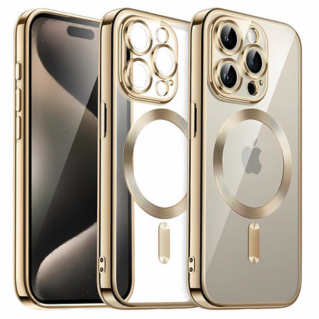 Protective Case Bervolo® MagSafe, Compatible with iPhone 16 Pro Max, Transparent, Anti-Yellowing, Shock-Resistant, Scratch-Resistant, Reinforced Edges, Gold