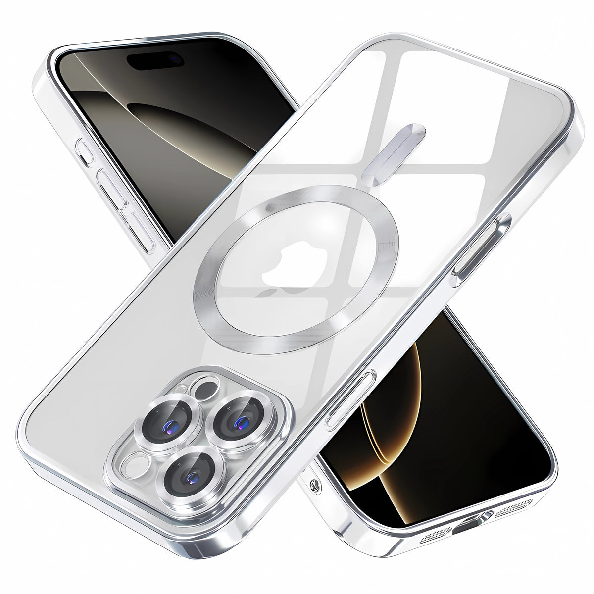 Protective Case Bervolo® MagSafe, Compatible with iPhone 16 Pro Max, Transparent, Anti-Yellowing, Shock-Resistant, Scratch-Resistant, Reinforced Edges, Silver
