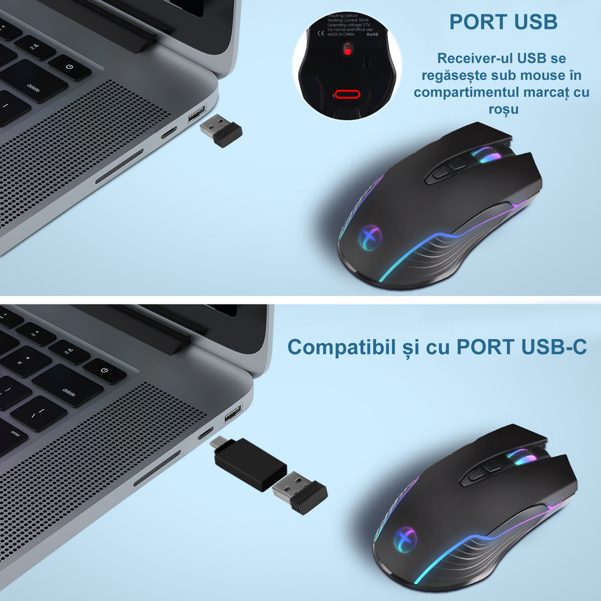 Bervolo® Office Mouse Jiggler, Simulates Cursor Movement, Undetectable, RGB, Plug & Play, Black