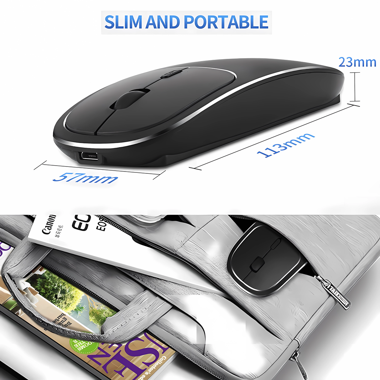 Bervolo® Metal X Kétfunkciós Vezeték Nélküli Egér, USB és Bluetooth 5.1, Újratölthető, Windows, Mac, Android, 600mAh Akkumulátor, Állítható DPI 800/1200/1600, Fekete