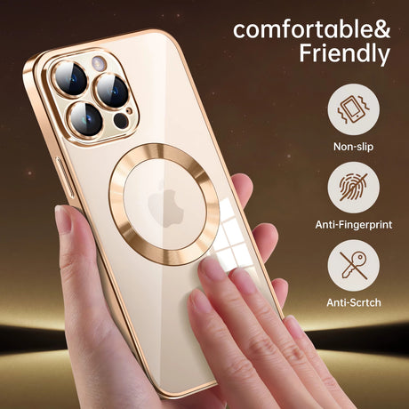 Protective Case Bervolo® MagSafe, Compatible with iPhone 16 Pro Max, Transparent, Anti-Yellowing, Shock-Resistant, Scratch-Resistant, Reinforced Edges, Gold