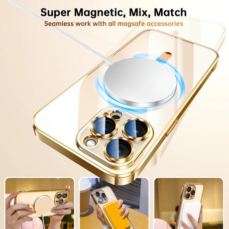 Protective Case Bervolo® MagSafe, Compatible with iPhone 16 Pro Max, Transparent, Anti-Yellowing, Shock-Resistant, Scratch-Resistant, Reinforced Edges, Gold