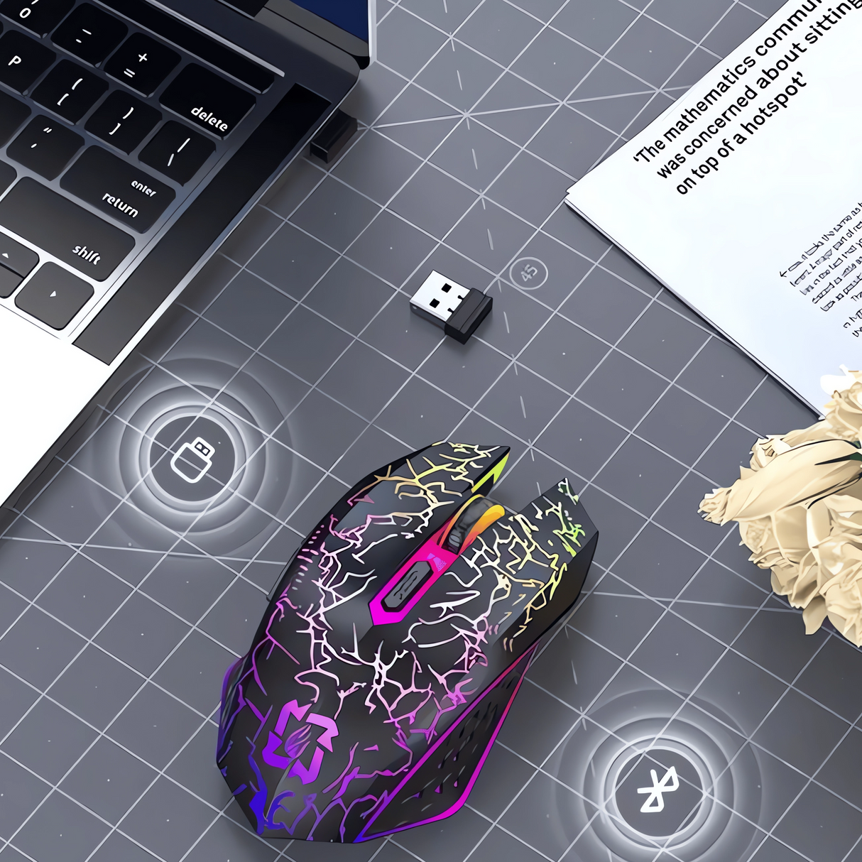 Bervolo® Spider Vezeték Nélküli Gamer Egér, Dual Mód Bluetooth 5.2 & 2.4GHz, RGB, 6 Halk Gomb, 1600 DPI, Type-C Újratölthető, Kompatibilis Windows, MacOS, Linux, Ergonomikus, Fekete