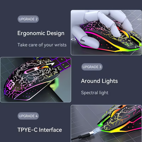 Bervolo® Spider Vezeték Nélküli Gamer Egér, Dual Mód Bluetooth 5.2 & 2.4GHz, RGB, 6 Halk Gomb, 1600 DPI, Type-C Újratölthető, Kompatibilis Windows, MacOS, Linux, Ergonomikus, Fekete