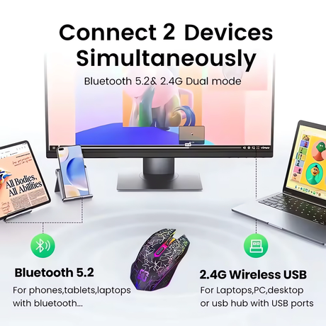 Bervolo® Spider Vezeték Nélküli Gamer Egér, Dual Mód Bluetooth 5.2 & 2.4GHz, RGB, 6 Halk Gomb, 1600 DPI, Type-C Újratölthető, Kompatibilis Windows, MacOS, Linux, Ergonomikus, Fekete