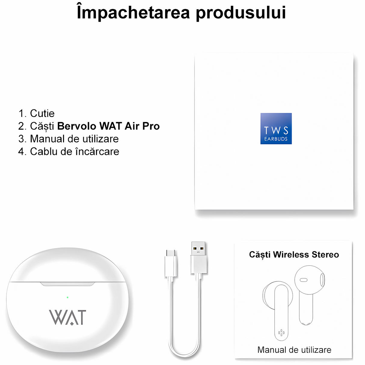 Bervolo® Air Pro Vezeték Nélküli Bluetooth Fülhallgató, Duál Mikrofon, IPX5 Vízállóság, Tiszta Basszus Hangzás, ANC Zajszűrés, Univerzális Kompatibilitás, Automatikus Csatlakozás, Fehér