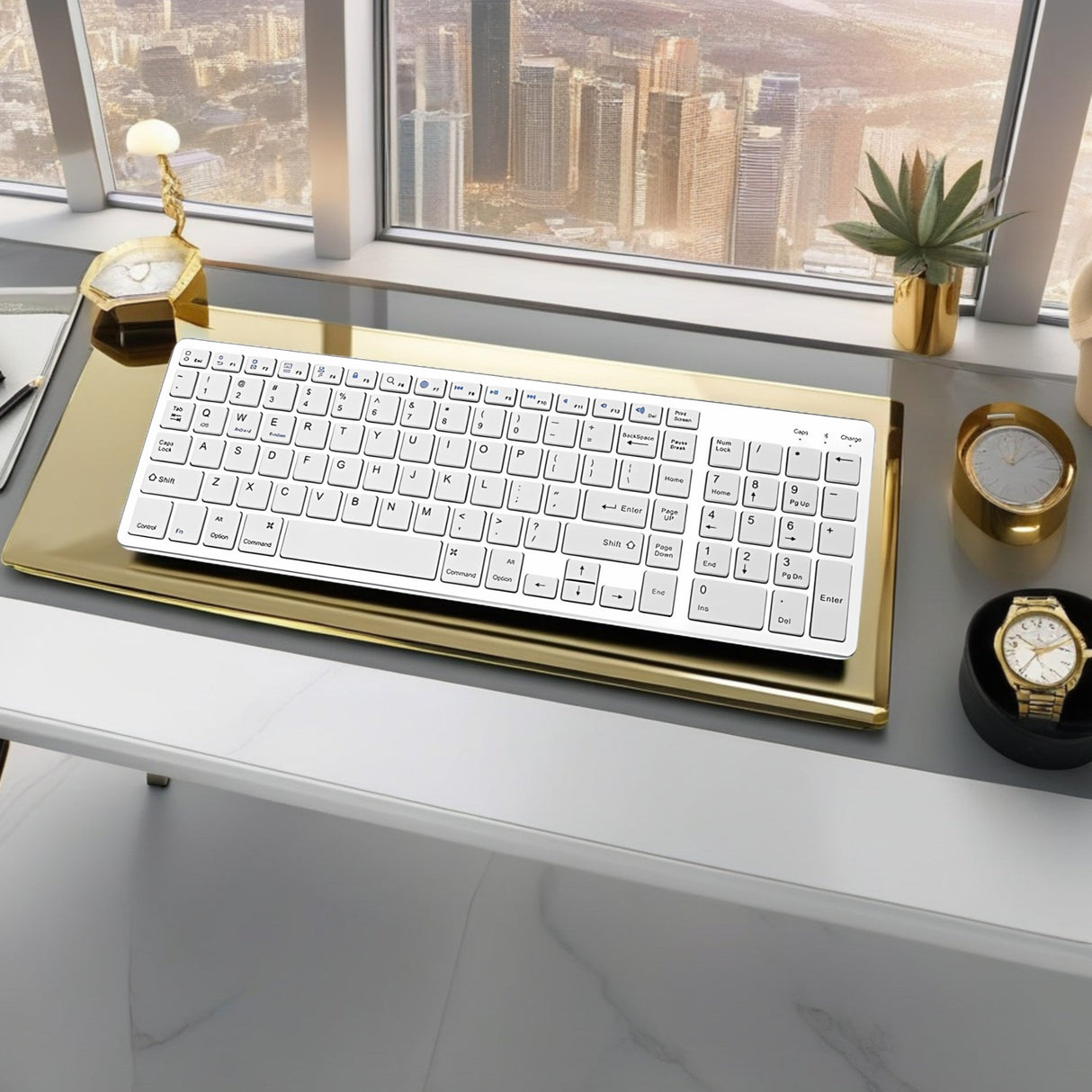 Bervolo® Újratölthető Bluetooth Billentyűzet – Scissor Switch, Multimédiás Billentyűk, Univerzális Kompatibilitás, Windows/Mac/iOS/Android, Ezüst