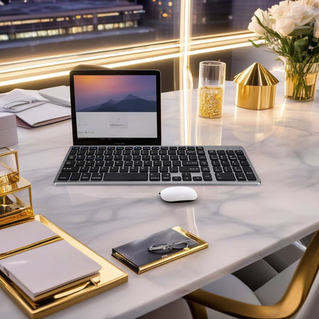 Bervolo® Újratölthető Bluetooth Billentyűzet – Scissor Switch, Multimédiás Billentyűk, Univerzális Kompatibilitás, Windows/Mac/iOS/Android, fekete