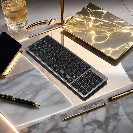 Bervolo® Újratölthető Bluetooth Billentyűzet – Scissor Switch, Multimédiás Billentyűk, Univerzális Kompatibilitás, Windows/Mac/iOS/Android, fekete